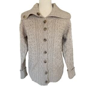 Aran Crafts 100% Merino Wool Chunky Knit Button Front Cardigan Sweater Tan L